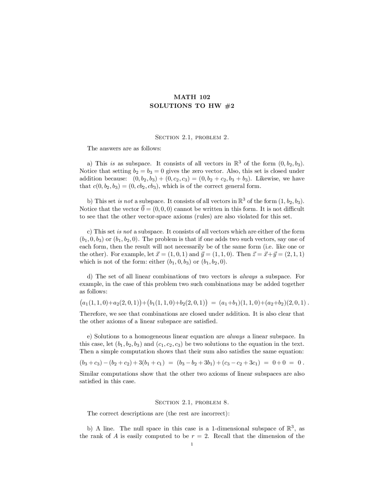 Solutions to Homework 2 | Applied Linear Algebra | MATH 102 - Docsity