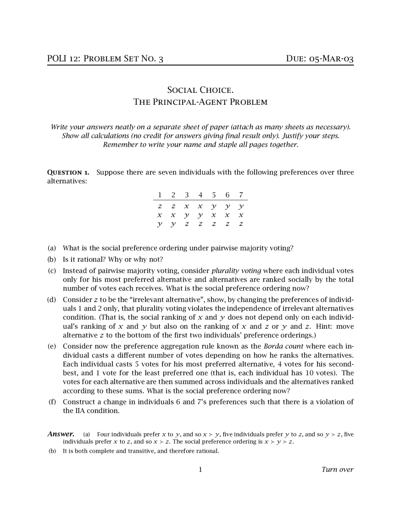 The Principal Agent Problems: Social Choice - Problem Set 3 | POLI 12 ...