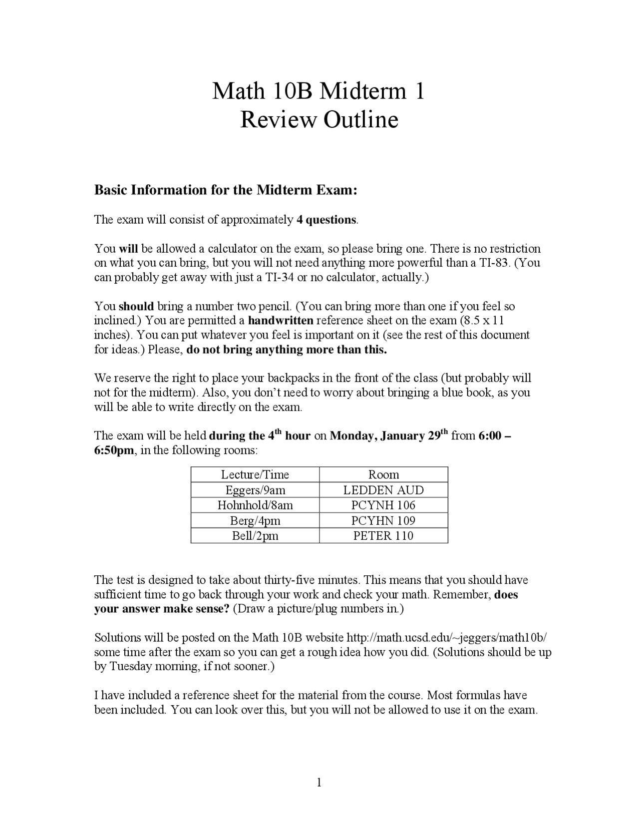 Basic Information for the Midterm Exam, and Formula Sheet - Calculus ...
