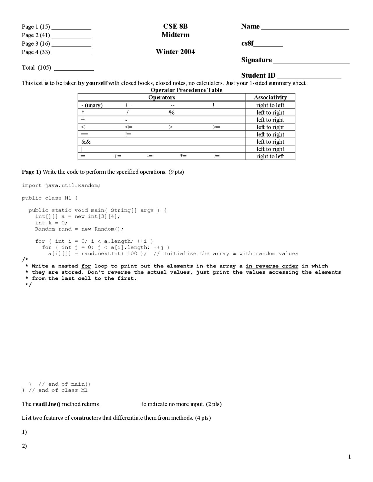 Midterm Exam for Introduction to Computer Science: Java B | CSE 8B ...