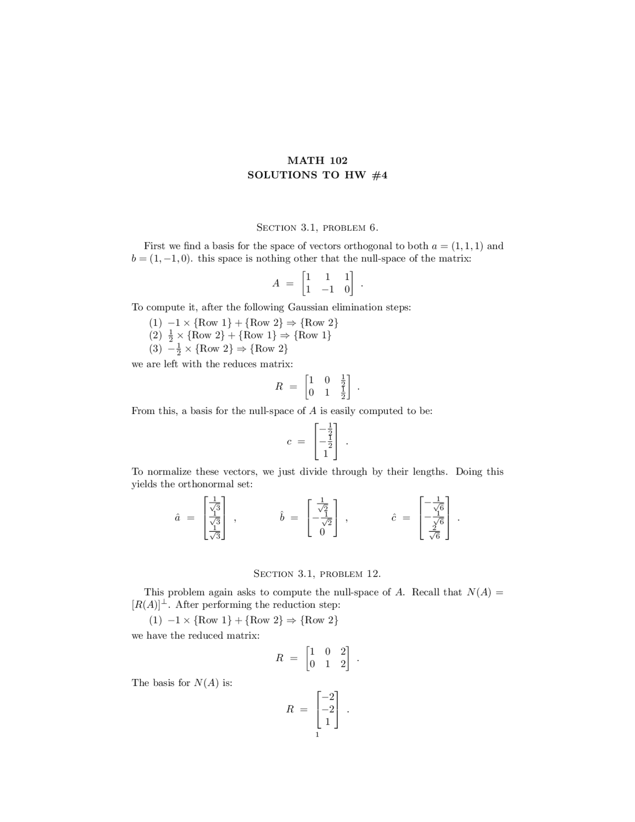 Homework 4 with Solution - Applied Linear Algebra | MATH 102 - Docsity