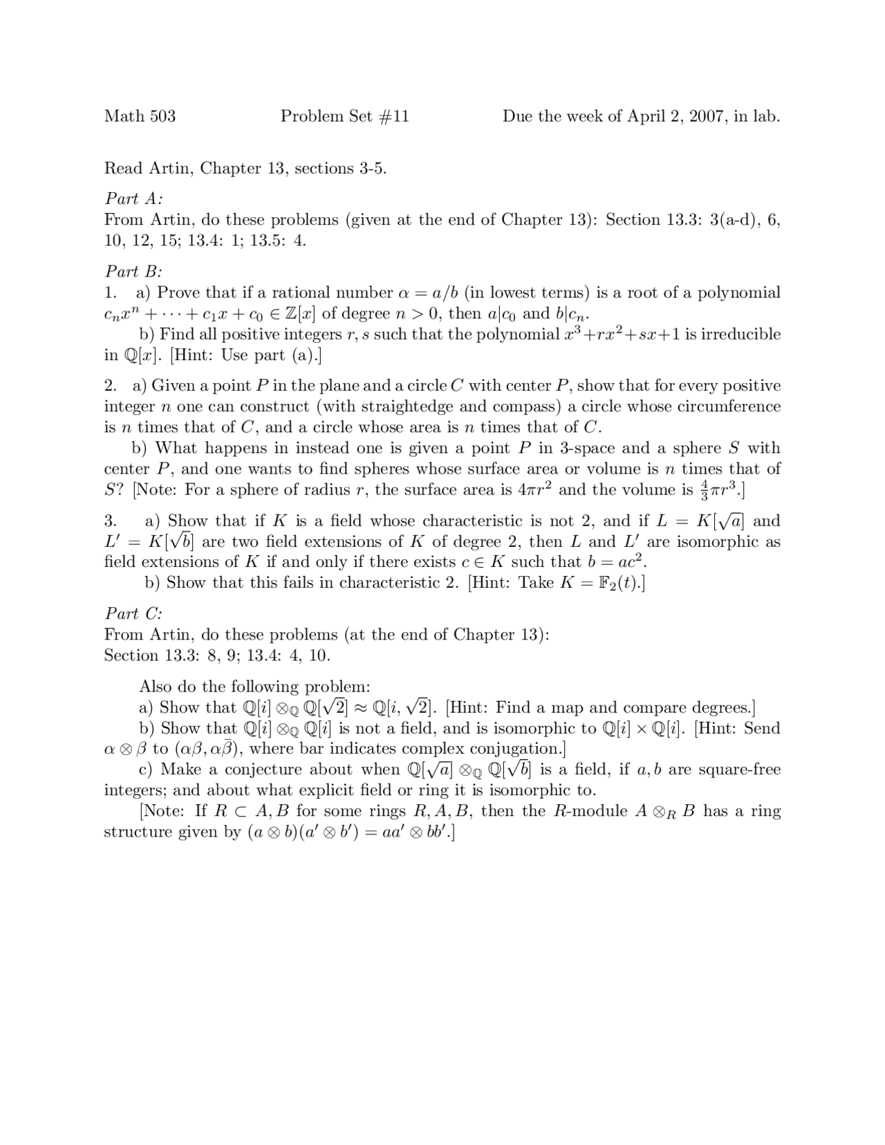 Questions on Abstract Algebra - Problem Set 11 | MATH 503 | Assignments ...