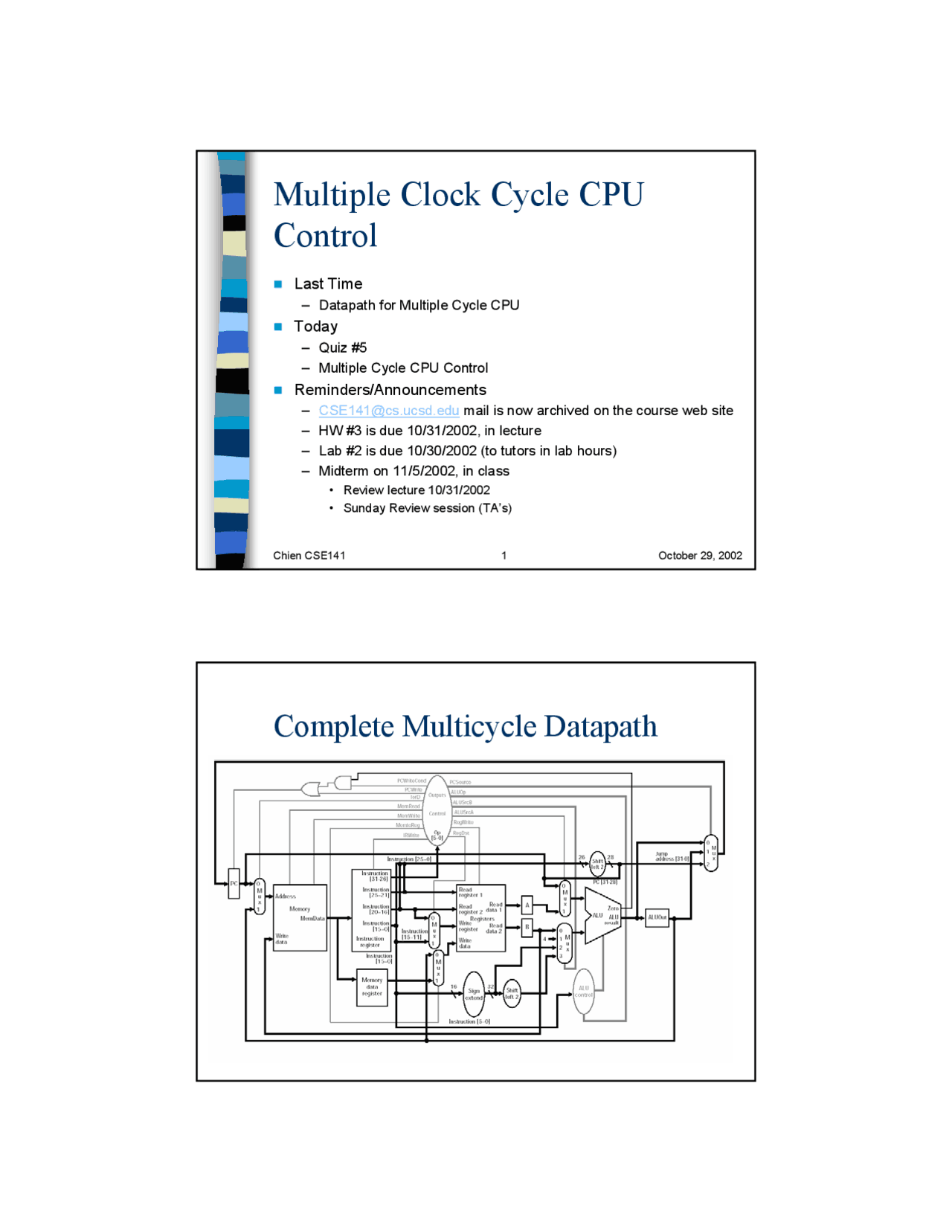 Multiple Clock Cycle CPU Control - Slides | CSE 141 - Docsity