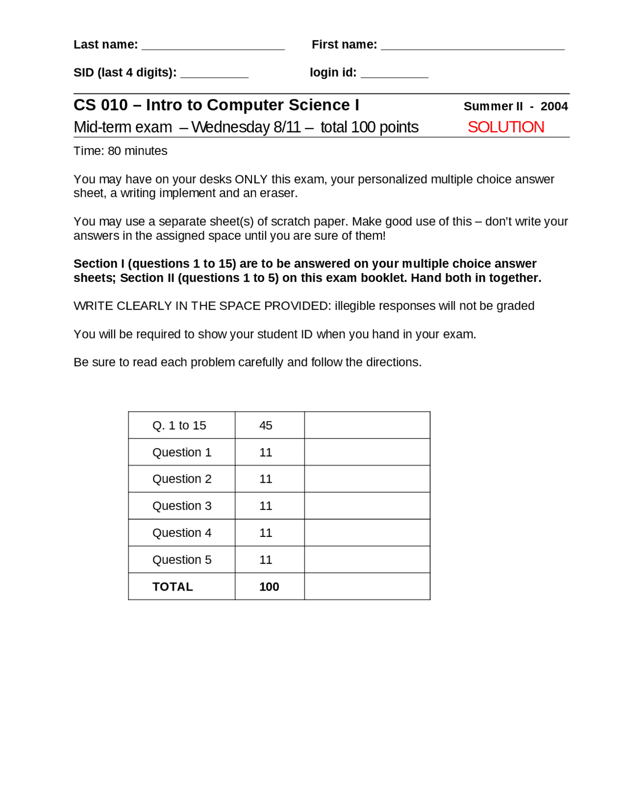 Nyu Computer Science Midterms Midterm Exam with Solution - Introduction to Computer Science I | CS ...
