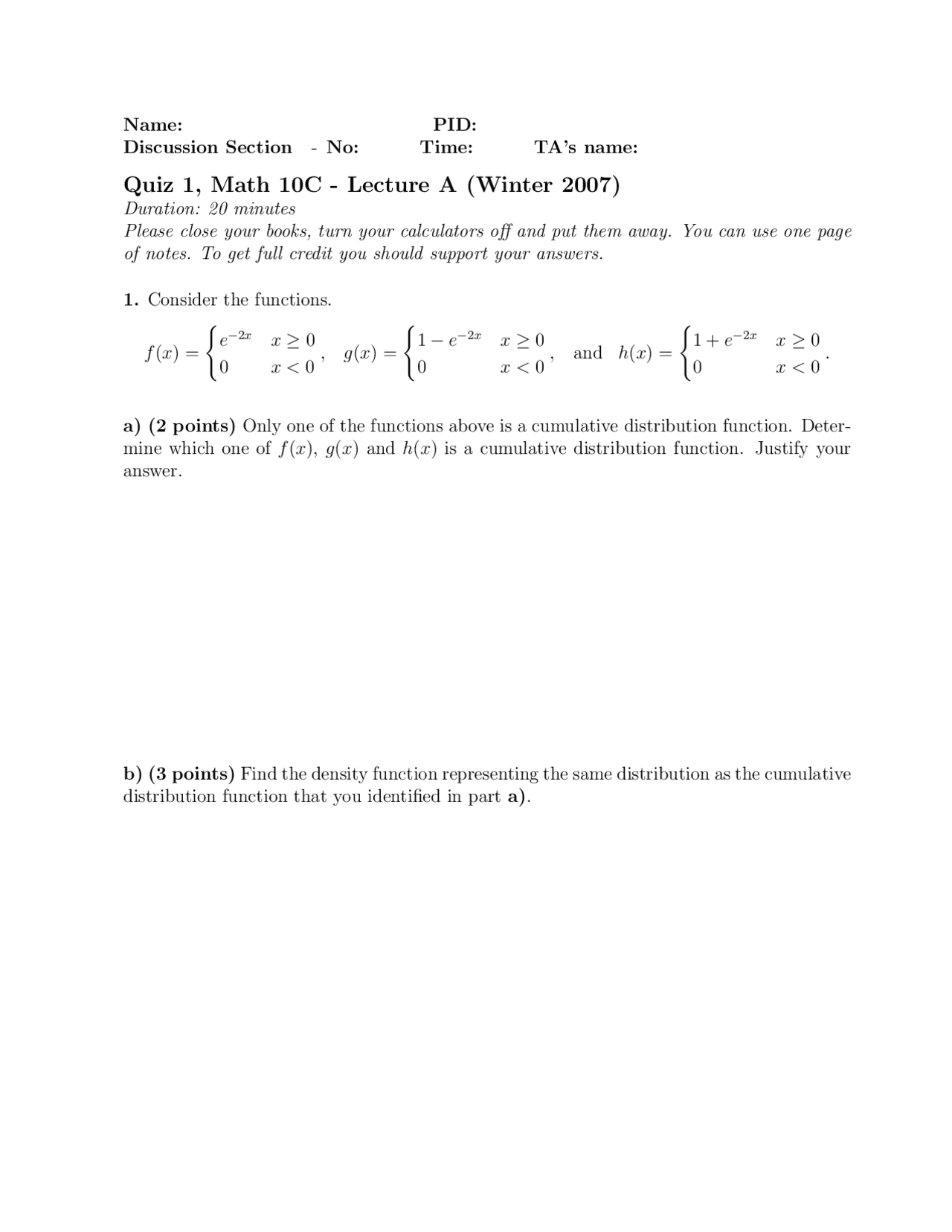 Questions for Quiz 1 - Calculus | MATH 10C - Docsity