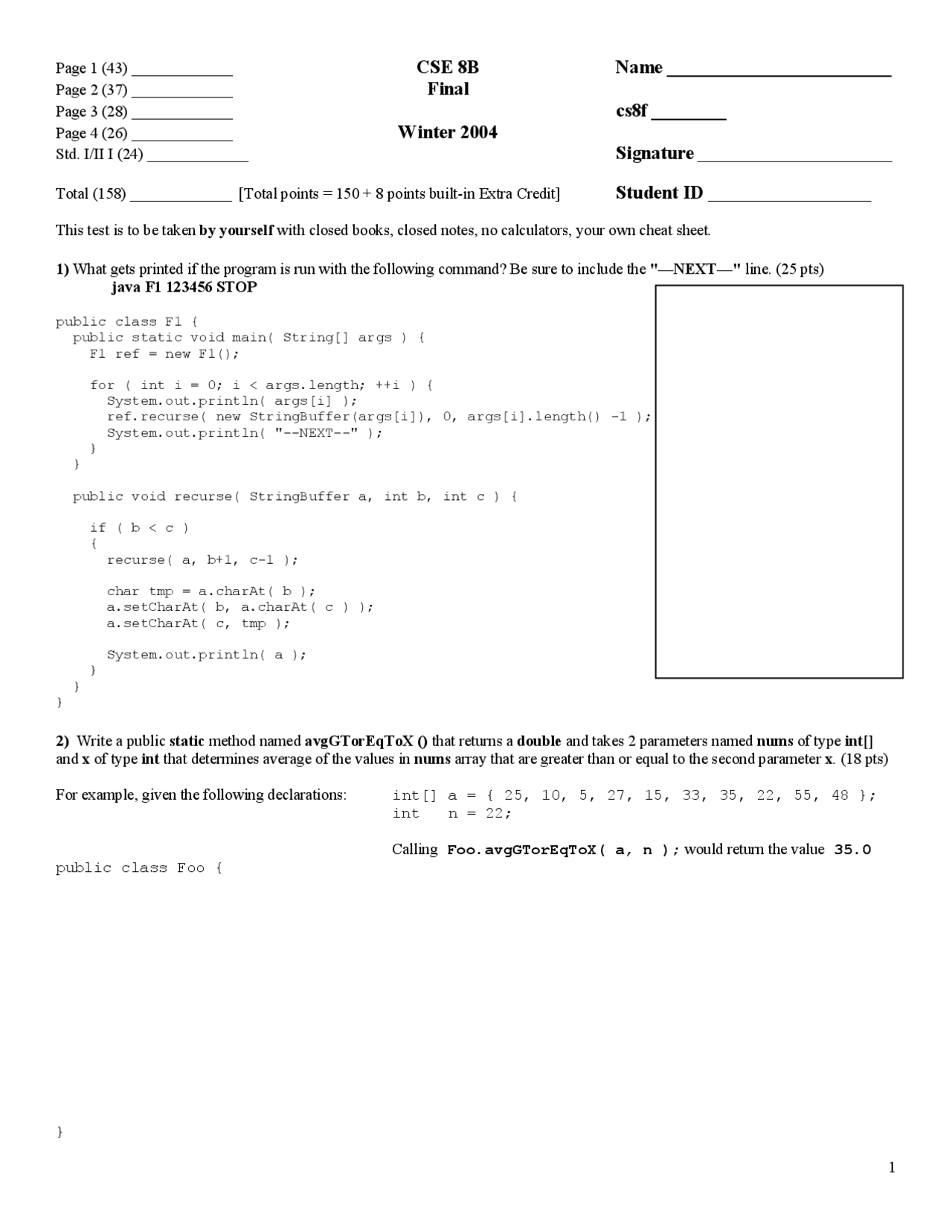 Final Exam - Introduction to Computer Science: Java B | CSE 8B - Docsity