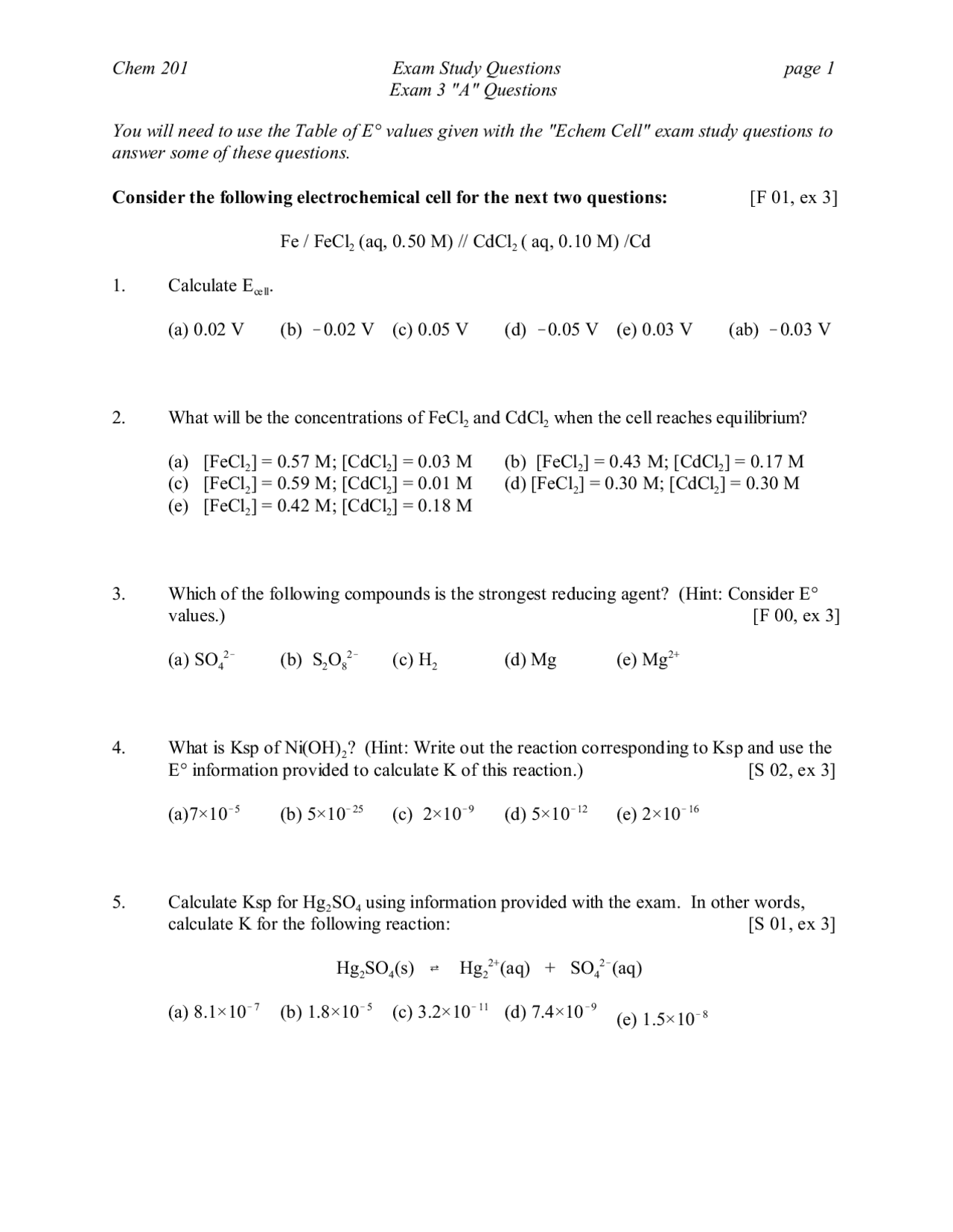 Study Questions for Exam 3 - General Chemistry | CHEM 201 - Docsity