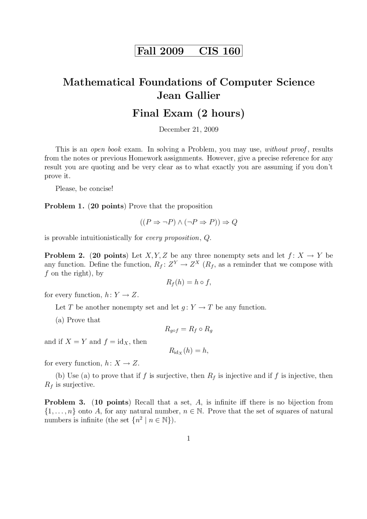 Mathematical Foundations of Computer - Final Exam 2009 | CIS 160 - Docsity