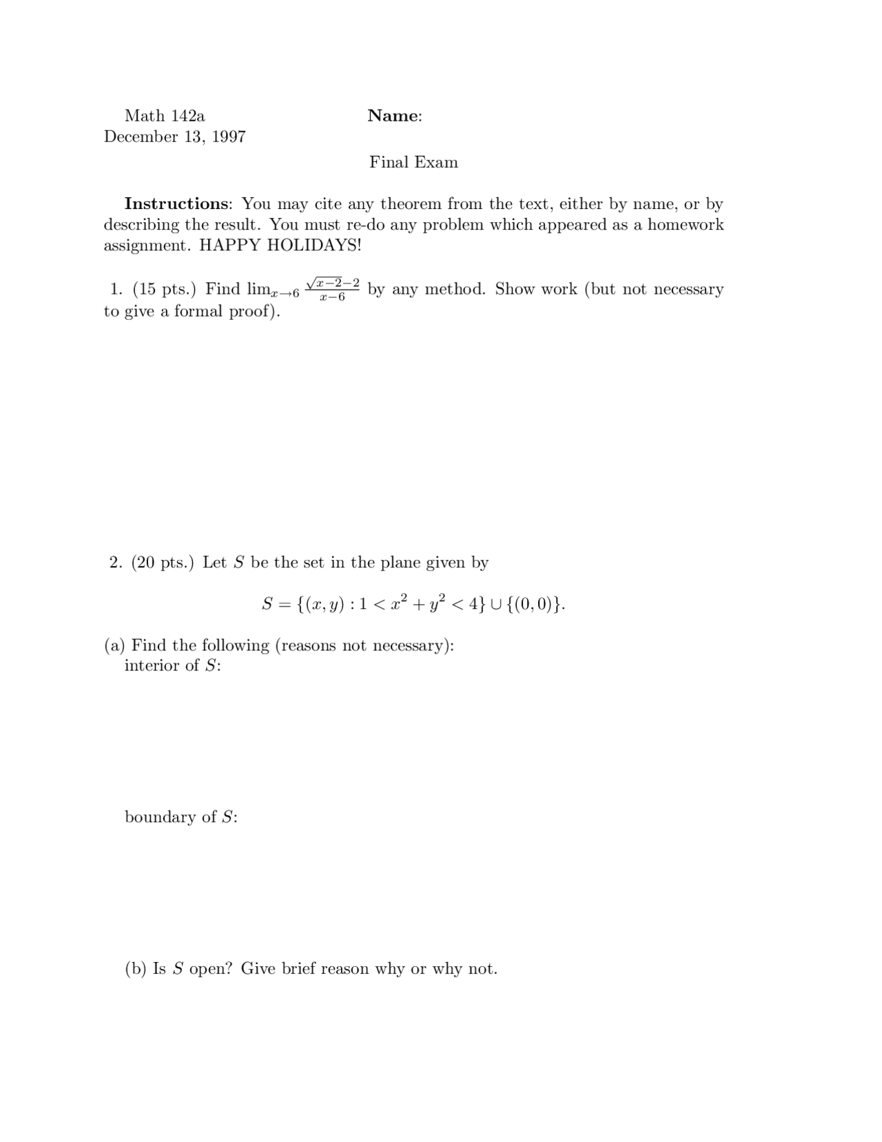 Math 142a Final Exam December 1997 | Exams Mathematics | Docsity