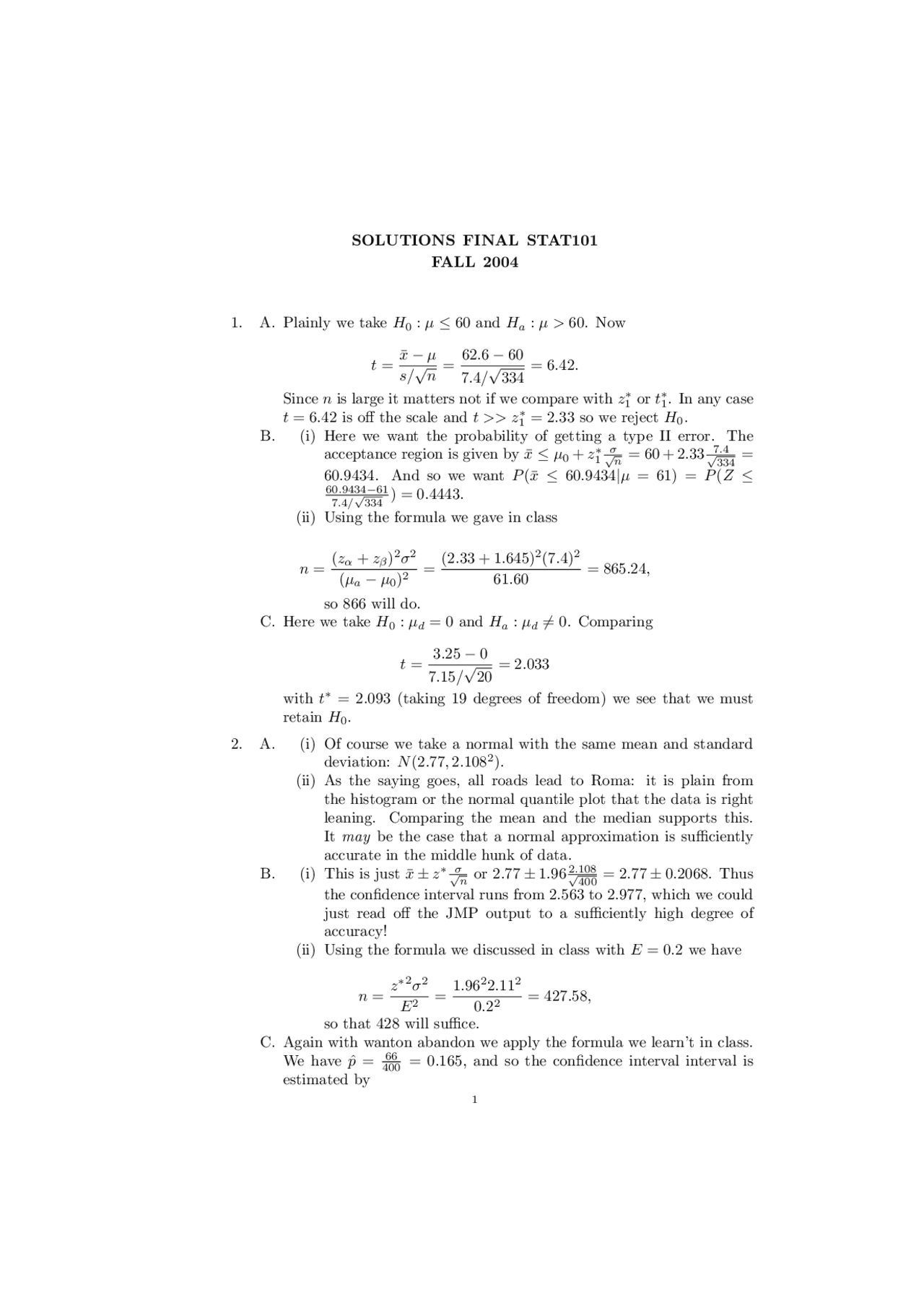 Solutions Final Exam - Business Statistics - Fall 2004 | STAT 101 - Docsity