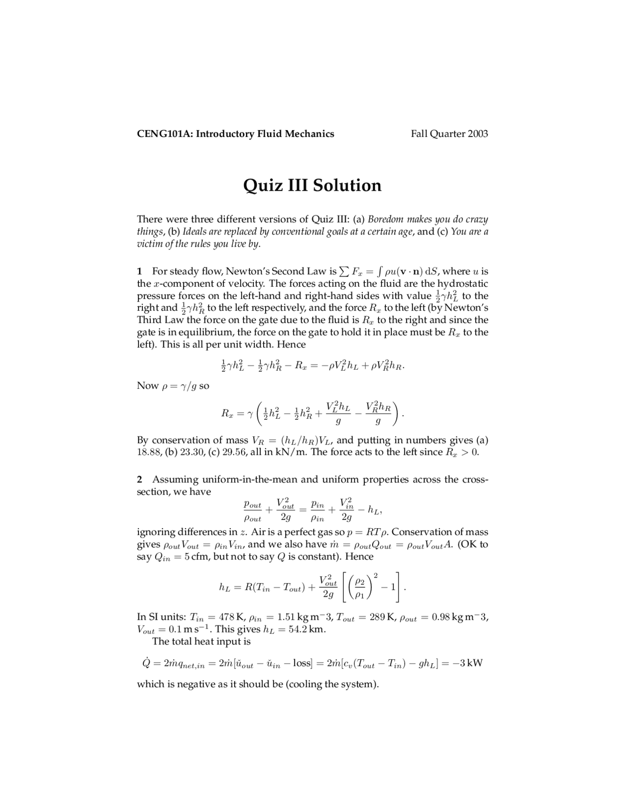 Introductory Fluid Mechanics - Solutions for Quiz 3 | CENG 101A - Docsity