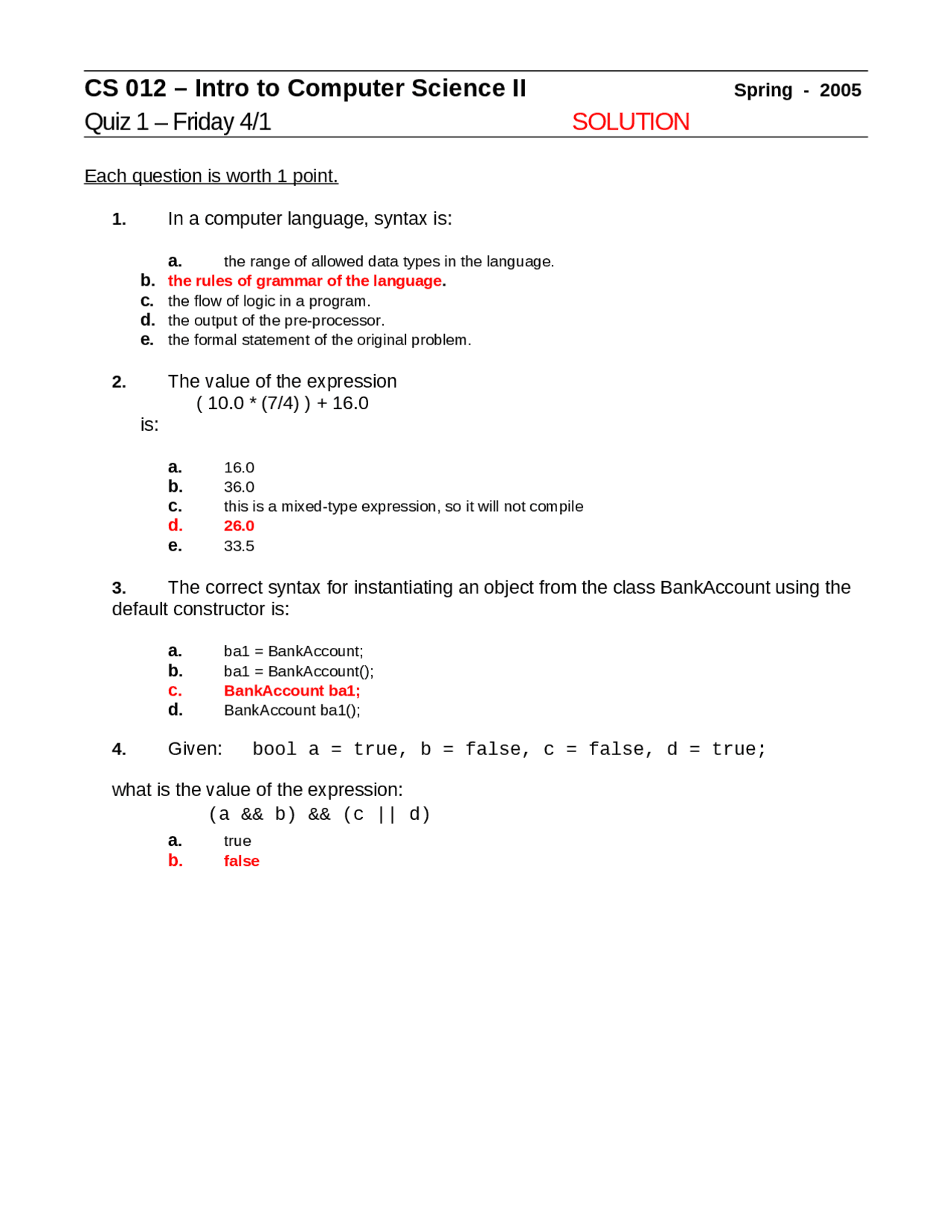 Quiz 1 with Solution - Introduction to Computer Science II | CS 012 ...