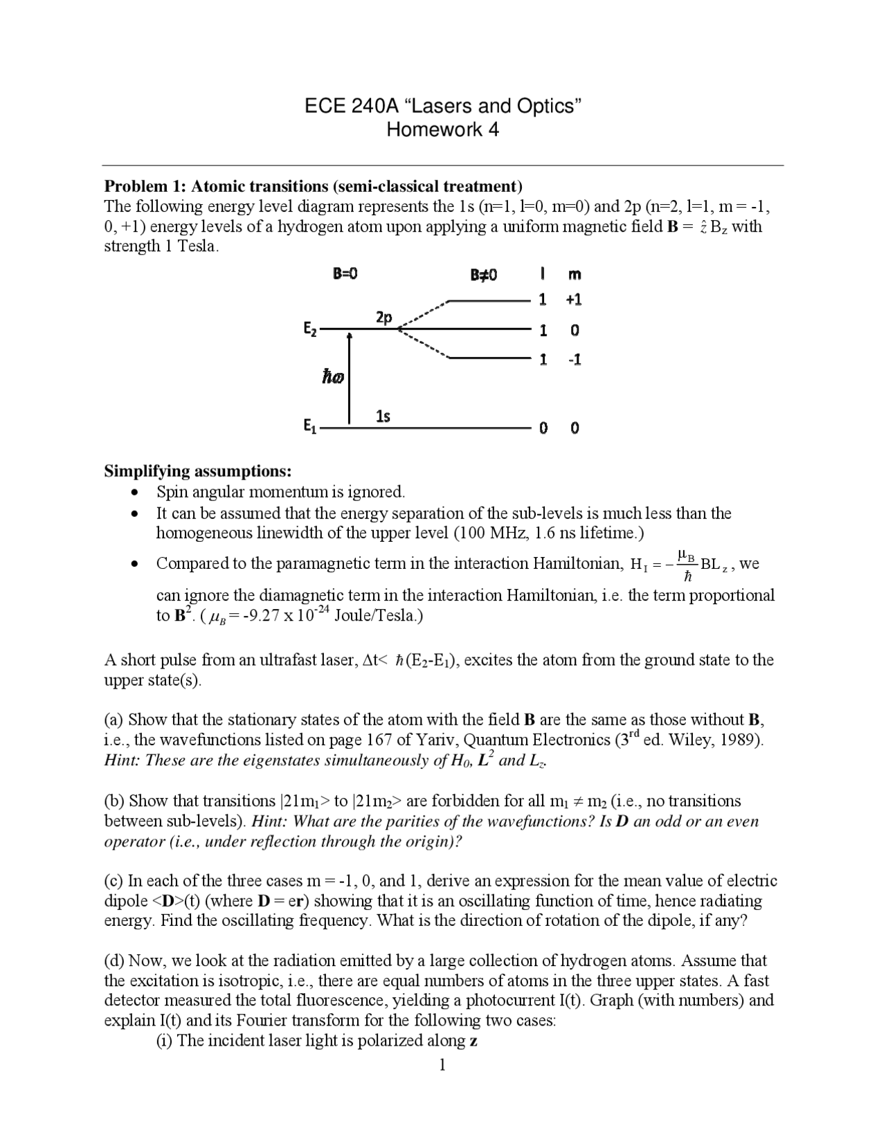 Homework 4 Problems with Solutions - Lasers and Optics | ECE 240C ...