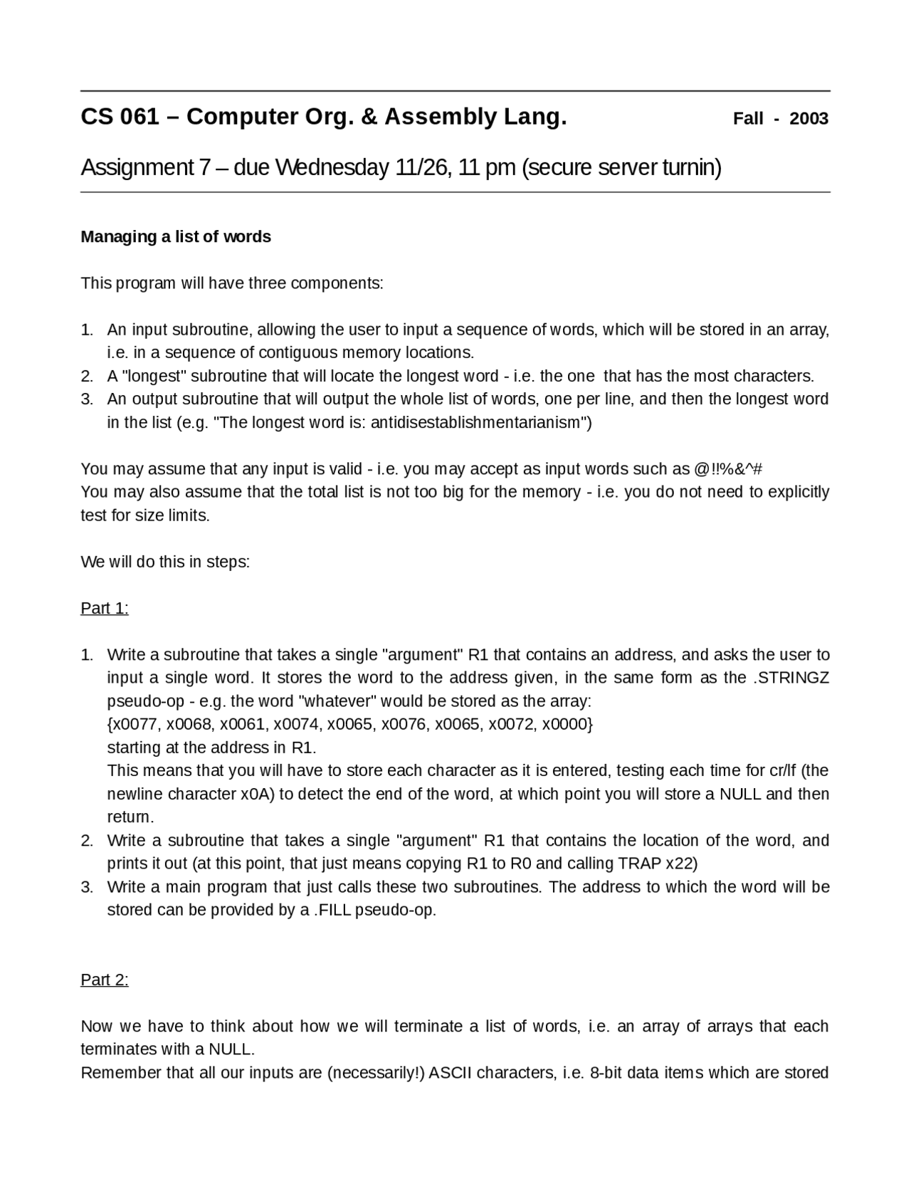 Computer Organization and Assembly Language - Assignment 7 | CS 061 ...