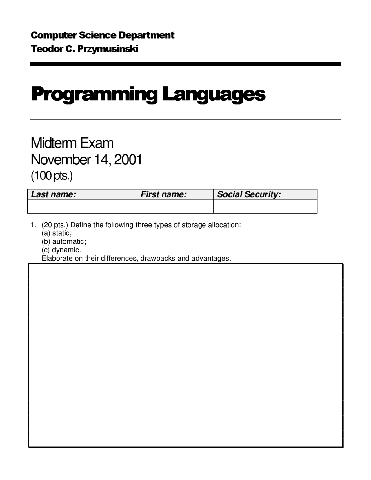 Midterm Exam for Principles of Programming Languages | CS 181 - Docsity