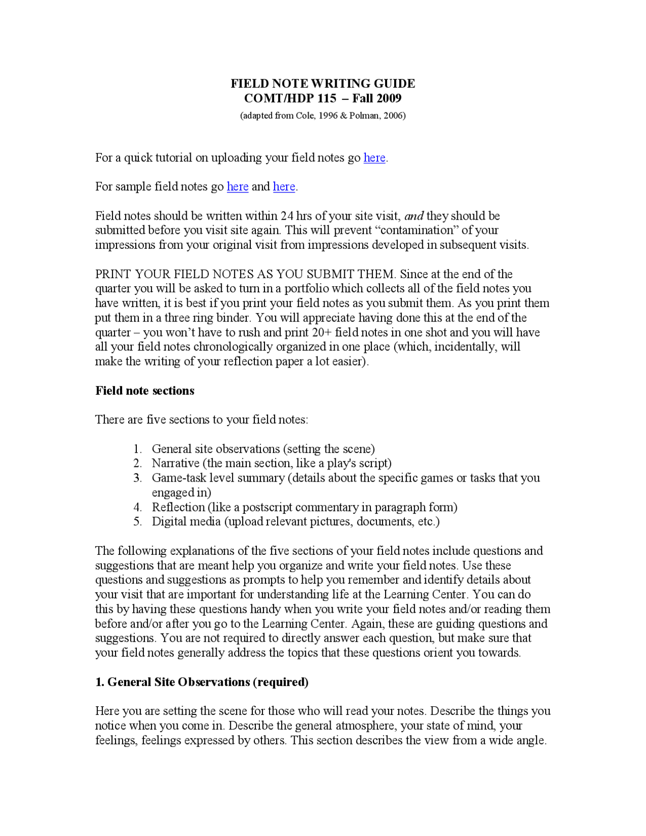 Field Note Writing Guide - Fall 2009 - Handout | COMT 115 | Study notes ...