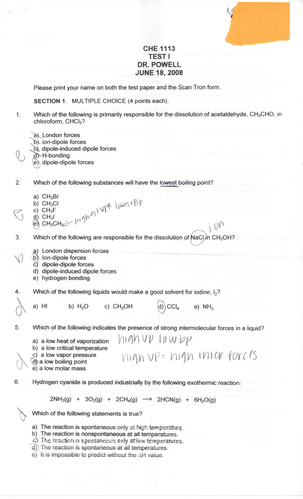 Practice Test 1 with Answers - General Chemistry II | CHE 1113 - Docsity