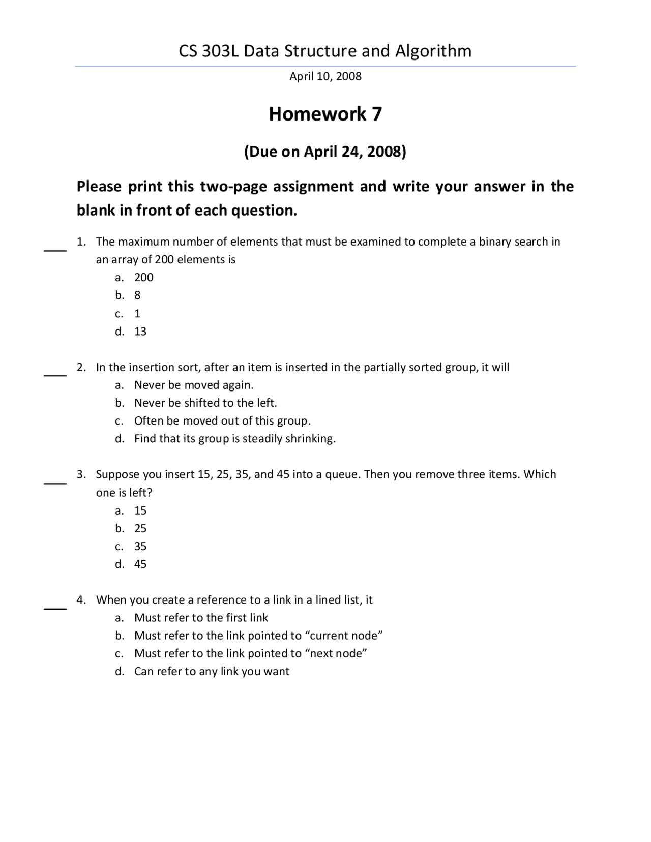 Cs Python Assignment 7 Assignment 7 - Algorithms and Data Structures | CS 303 - Docsity