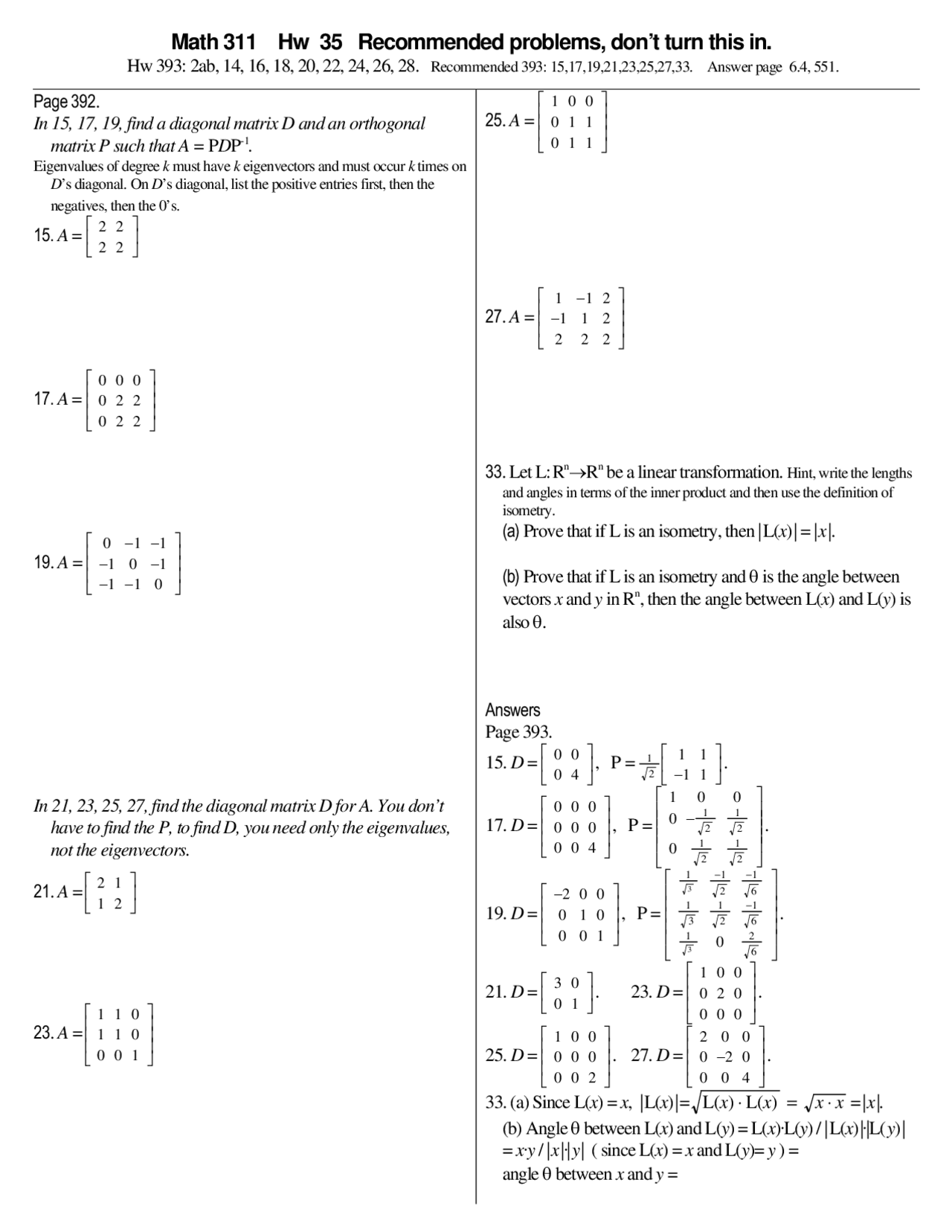 Assignment - 8 Problems with Answers - Linear Algebra | MATH 311 - Docsity