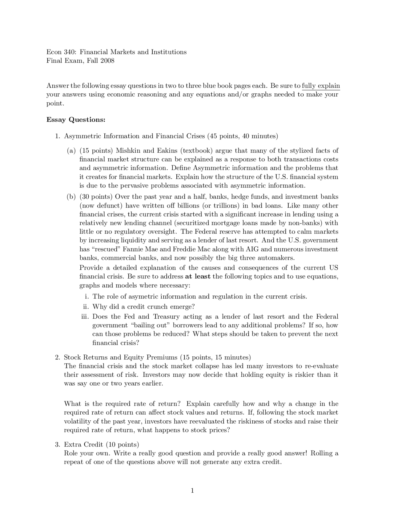 Practice Questions for Final Exam - Money and Banking | ECON 340 ...