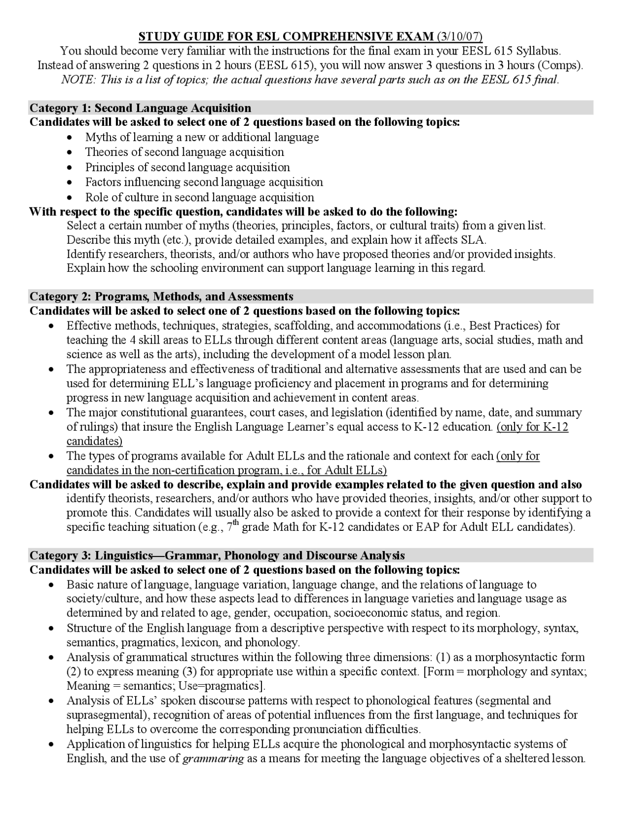 Grammar for ESL Teachers- Study Guide | EESL 615 - Docsity