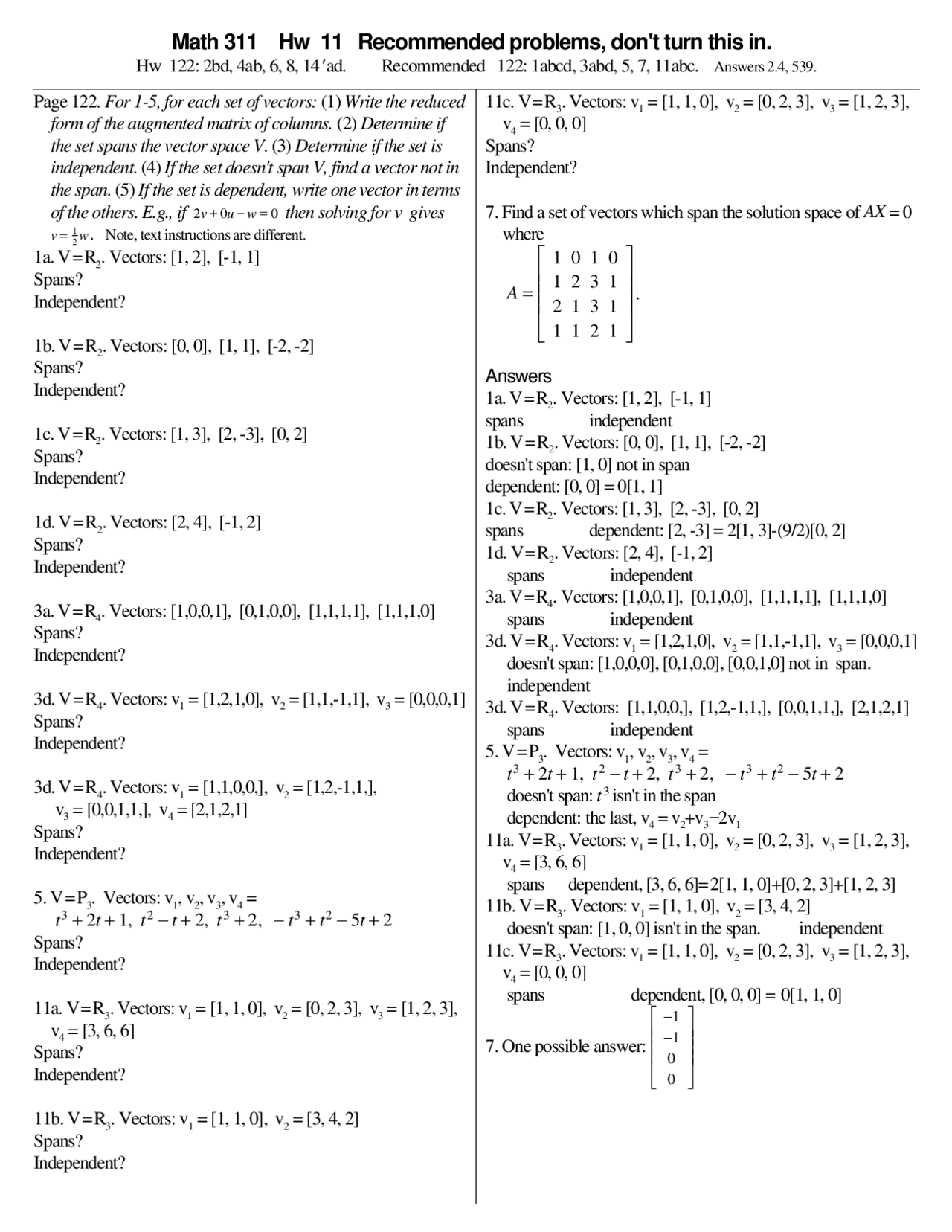 7 Problems with Answer key in Assignment - Linear Algebra | MATH 311 ...