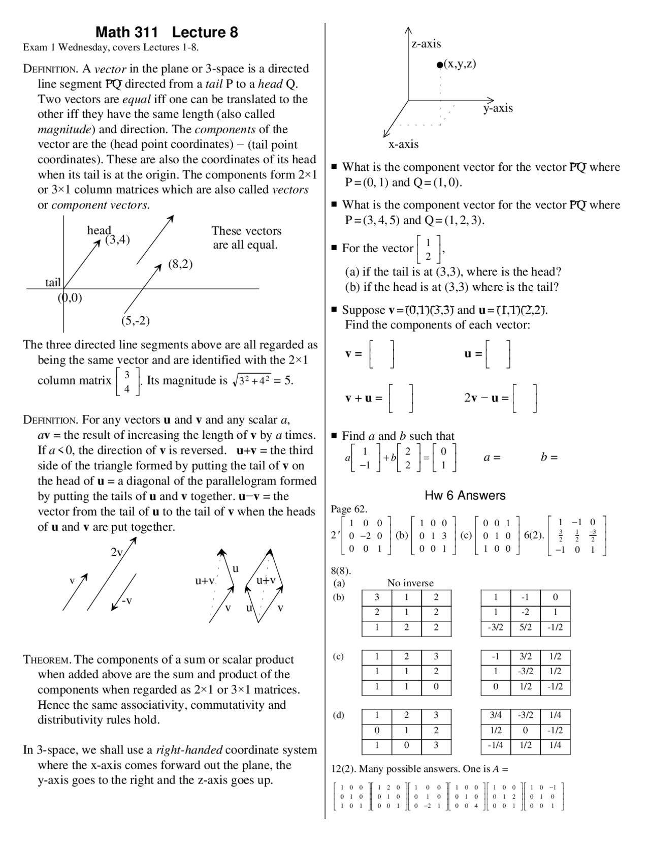 Introduction to Linear Algebra - Exam 1 with Answer Key | MATH 311 ...