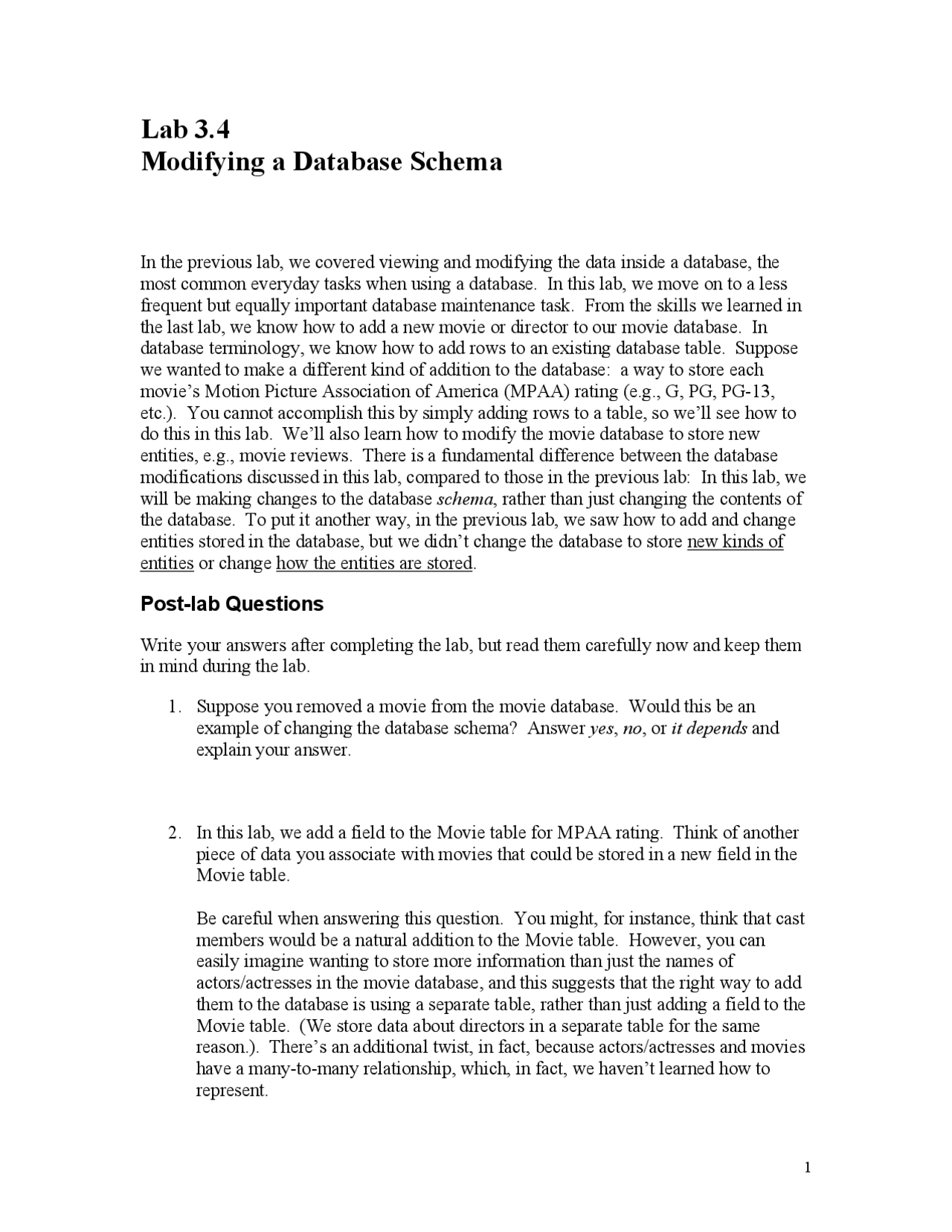 Modifying a Database Schema - Lab 3 | CS 101 - Docsity