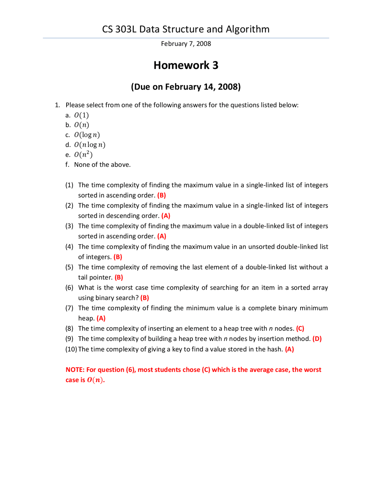 Data Structure and Algorithms - Solutions for Homework 3 | CS 303 - Docsity