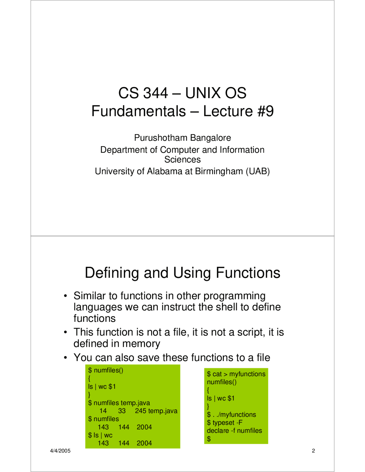 Defining and Using Functions in UNIX Operating Systems | CS 333 - Docsity