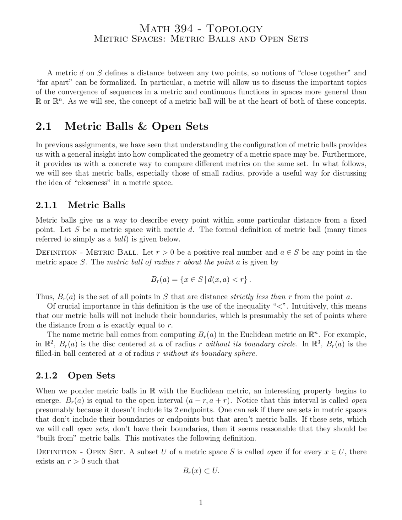 Metric Spaces: Metric Balls and Open Sets - Lecture Notes | MATH 394 ...