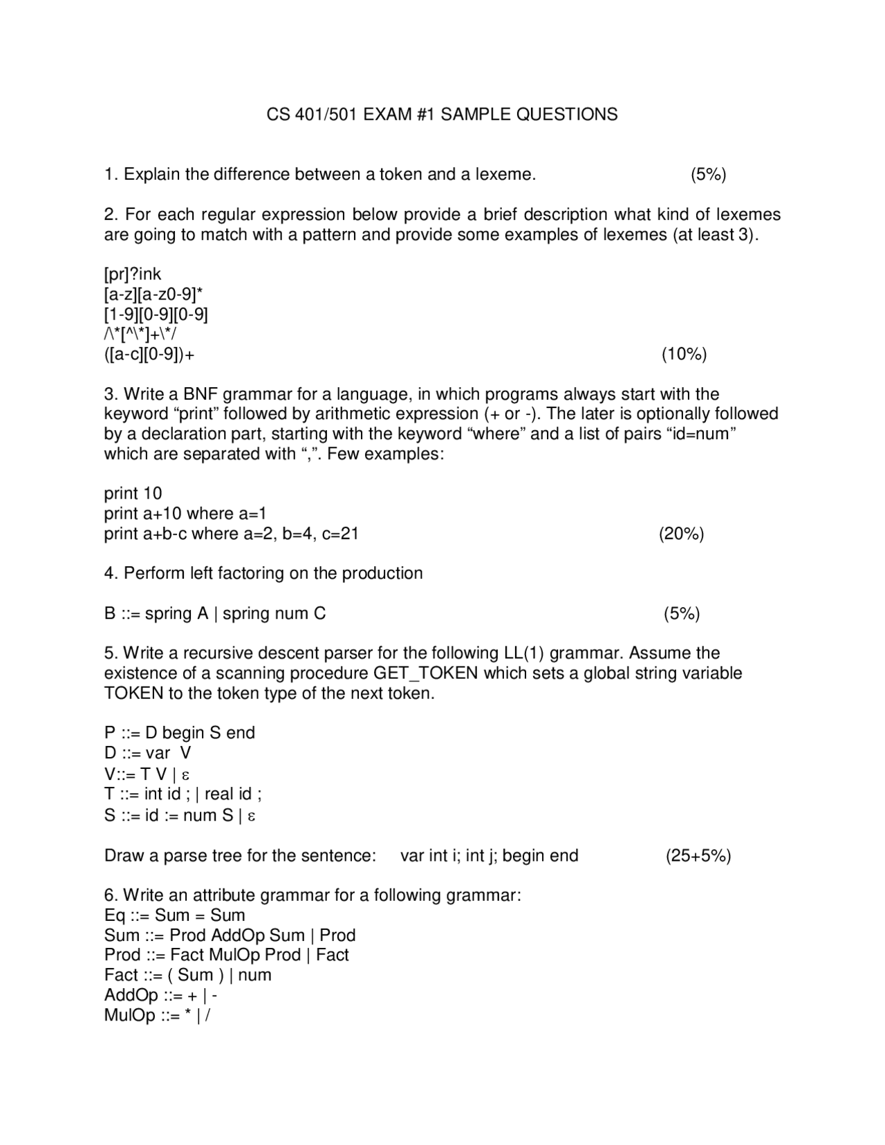 Exam 1 Sample Questions - Programming Languages | CS 401 - Docsity
