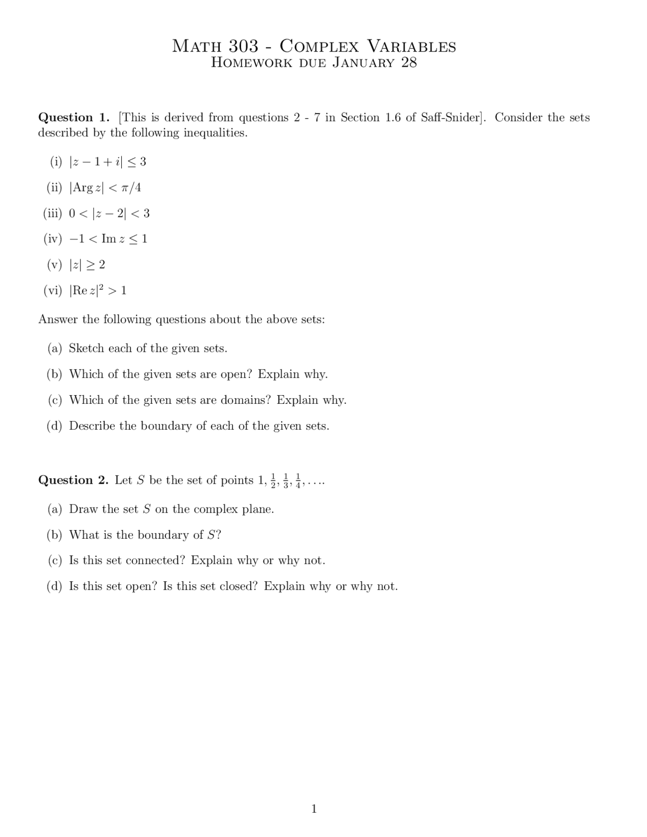 Complex Variables - Homework Problem Set | MATH 303 - Docsity