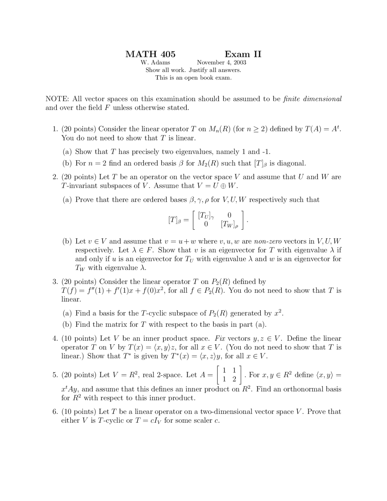 Linear Algebra Study Guide Exam 2 Math 405 Docsity