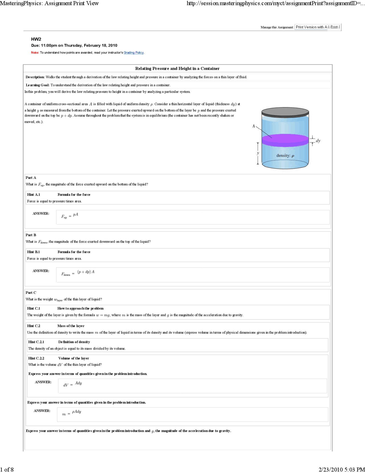 Relating Pressure and Height in a Container - Homework 2 with Answers ...