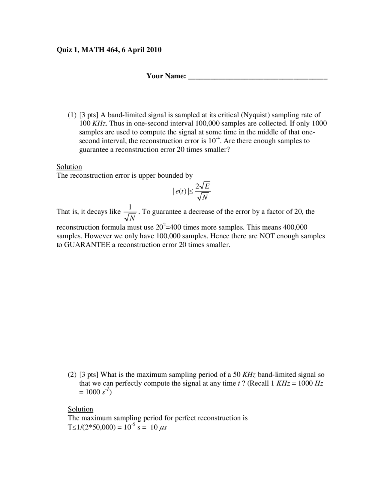 MATH 464 Quiz 1 Solutions: Sampling Theory and Nyquist-Shannon Sampling ...