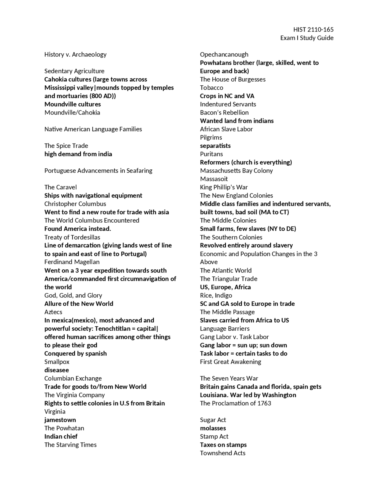 Exam 1 Study Guide - Survey of U.S. History | HIST 2110 | Study notes ...