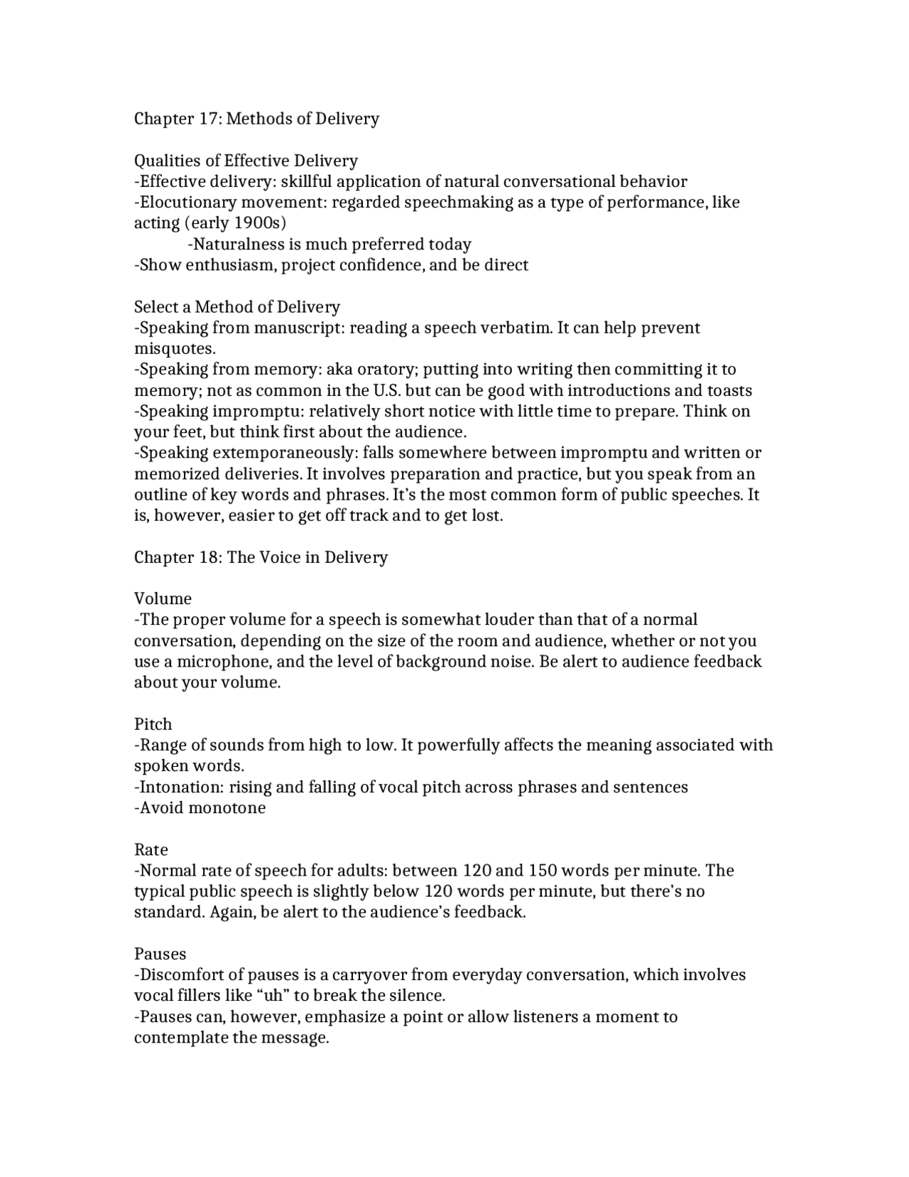 Methods of Delivery - Public Speaking - Review Sheet | COMM 2613 - Docsity