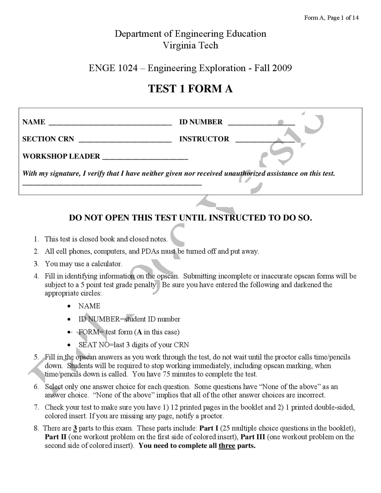 Engineering Test Form Examples Problems on the Engineering Exploration - Test 1 | ENGE 1024 - Docsity