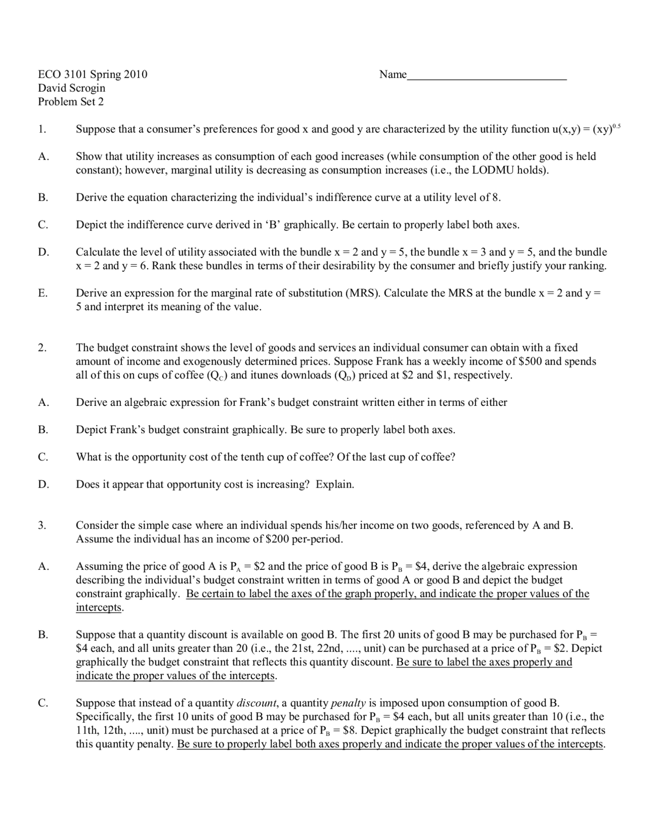 Sample Problem Set 2 - Intermediate Microeconomics | ECO 3101 - Docsity