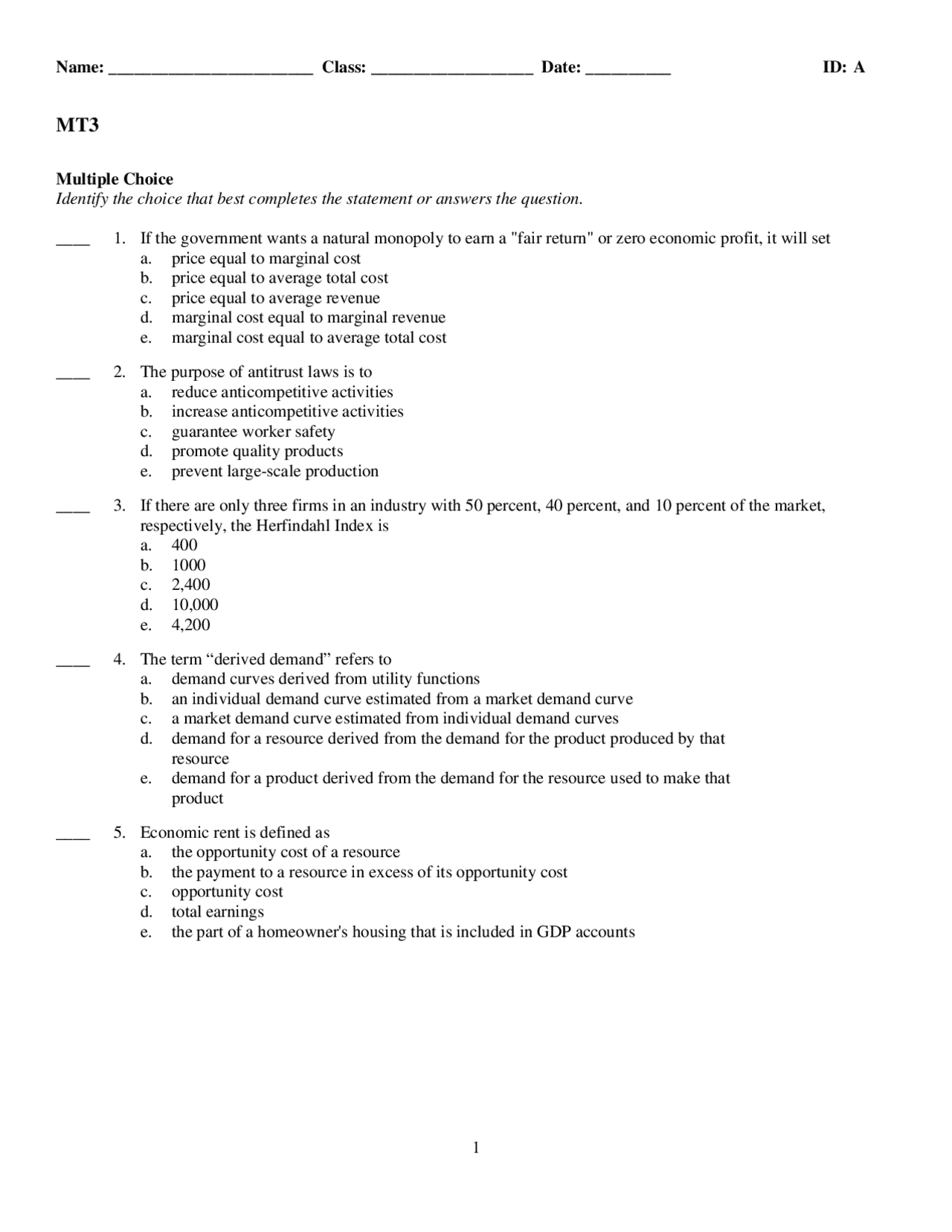 Multiple Choice Questions on Principles of Economics - Exam | ECON 2005 ...