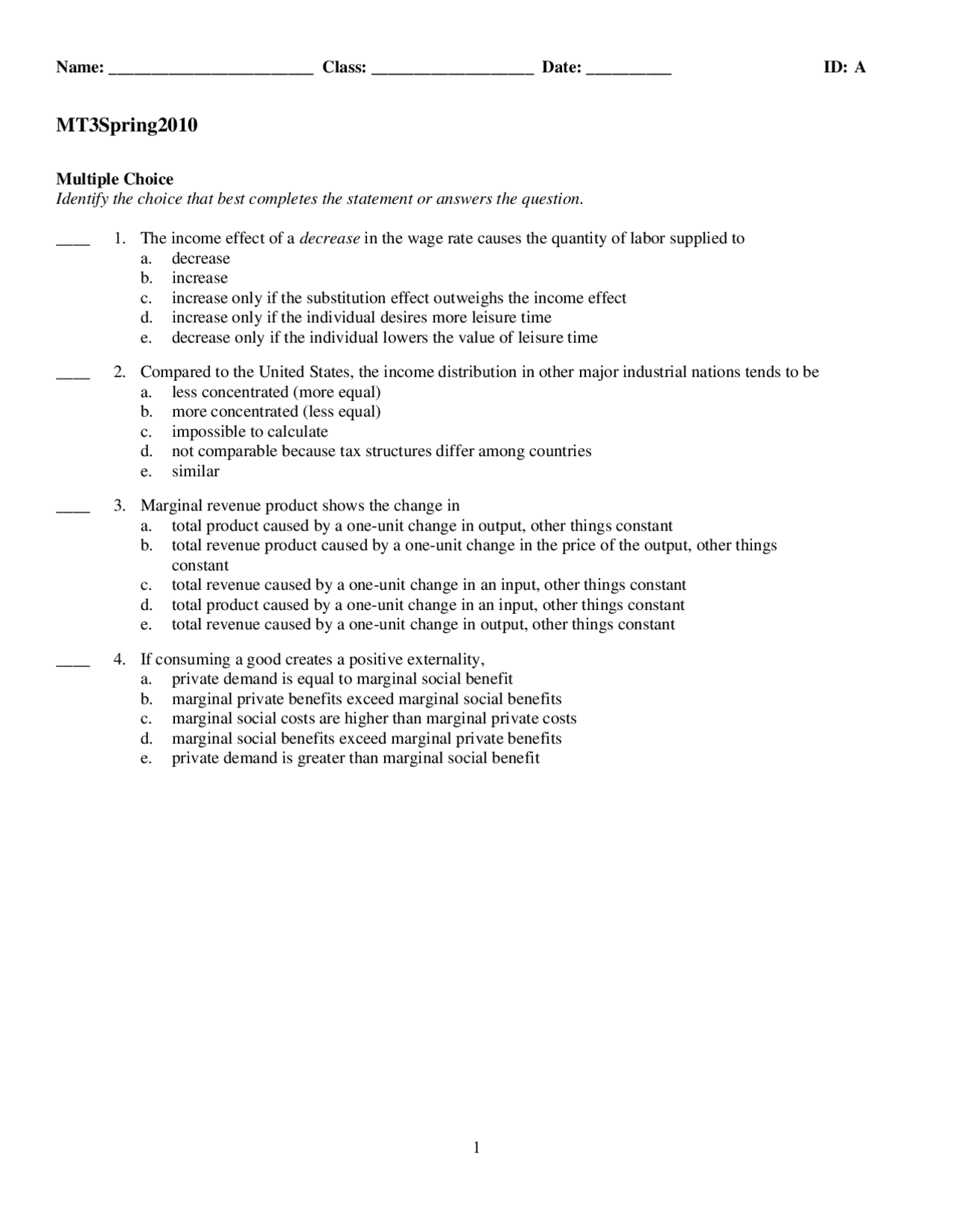 Principles of Economics - Midterm Exam 1 - Fall 2008 | ECON 2005 ...