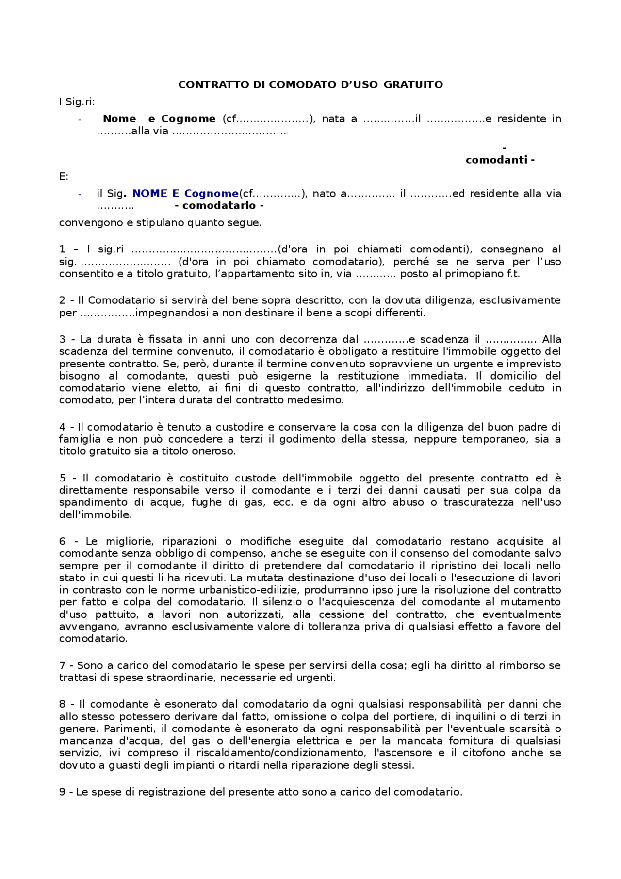 Contratto Di Comodato