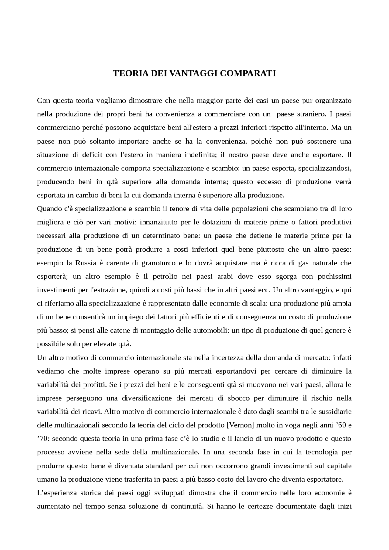 TEORIA DEI VANTAGGI COMPARATI Docsity