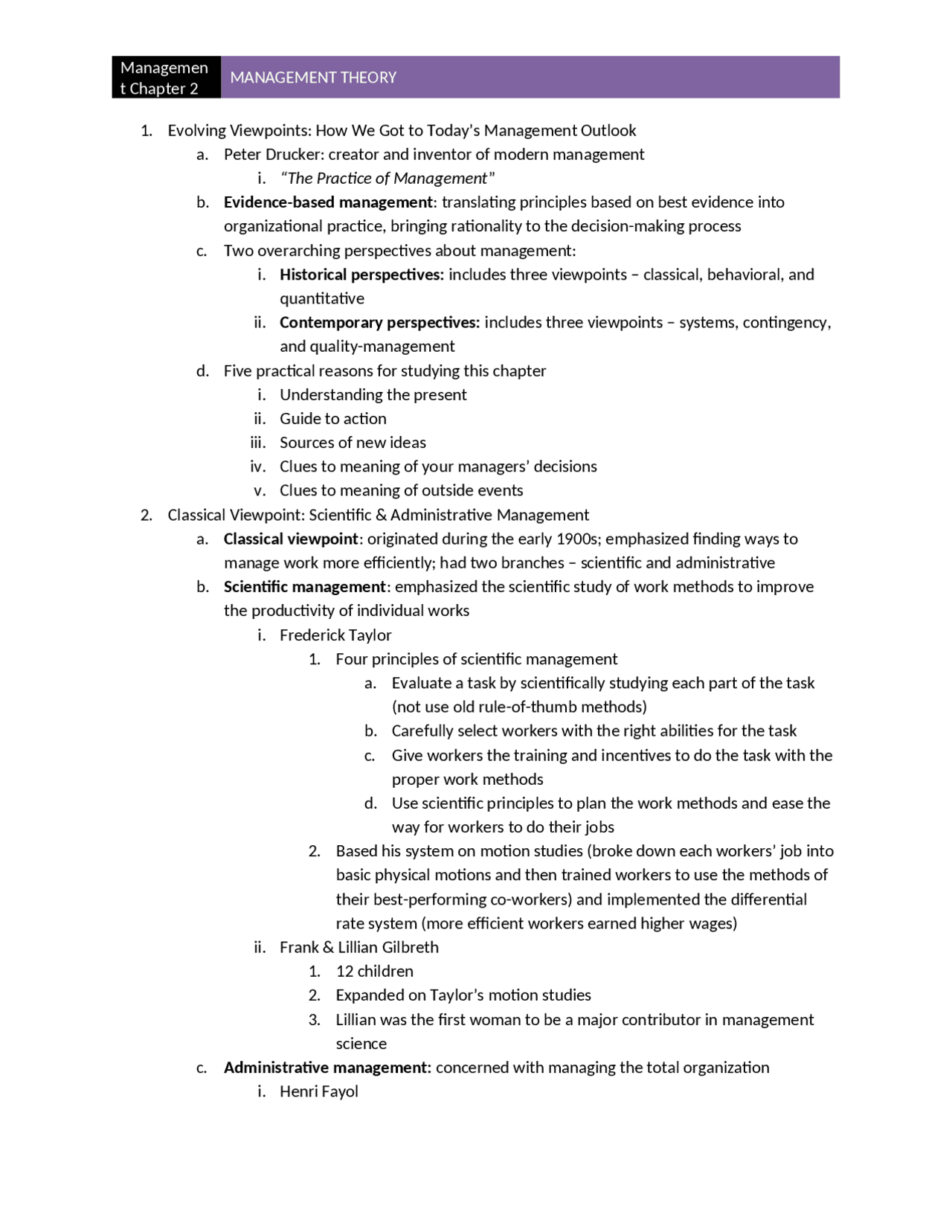 Management Theory and Practice - Chapter 2 Outline | MGT 3304 - Docsity