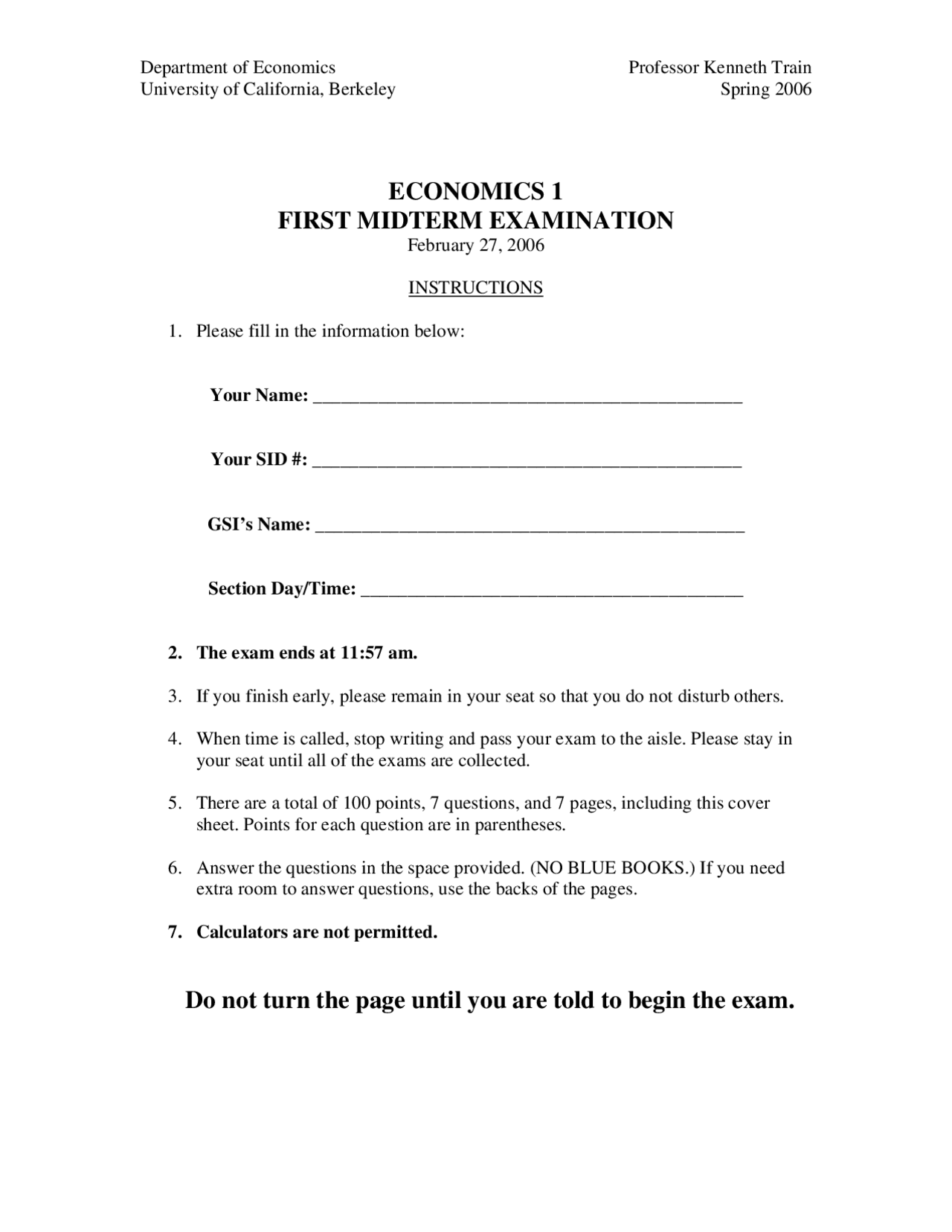 7 Questions for Introduction to Economics - First Midterm Exam | ECON 1 ...