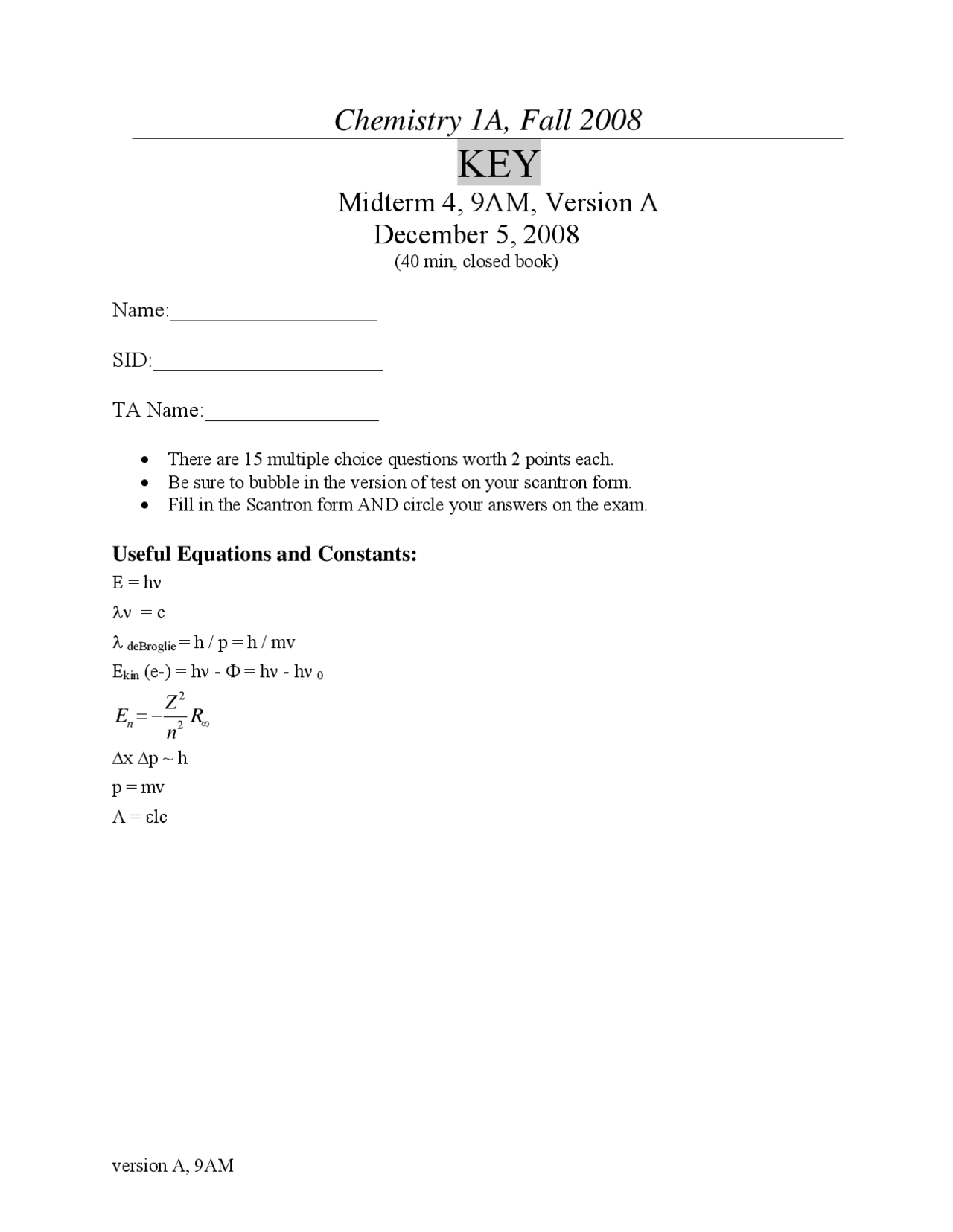 15 Questions With Answer Exam 4 General Chemistry Chem 1a Docsity