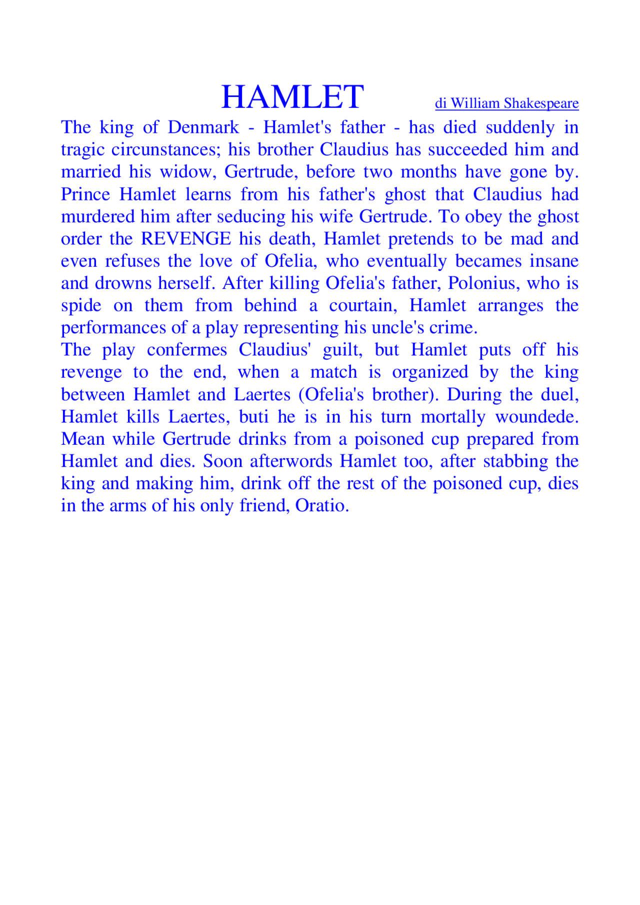 Letteratura Inglese - Hamlet - William Shakespeare - Docsity