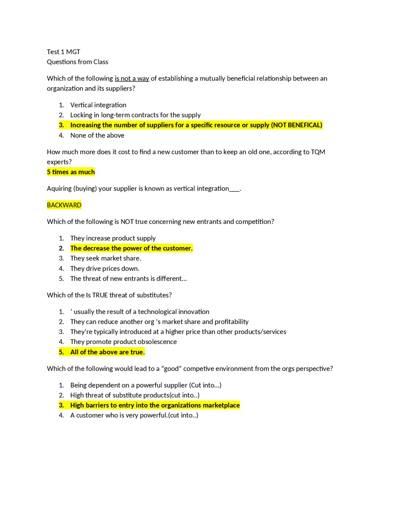 Class Practice Test 1 Questions | Principles of Management | MGT 3200 ...