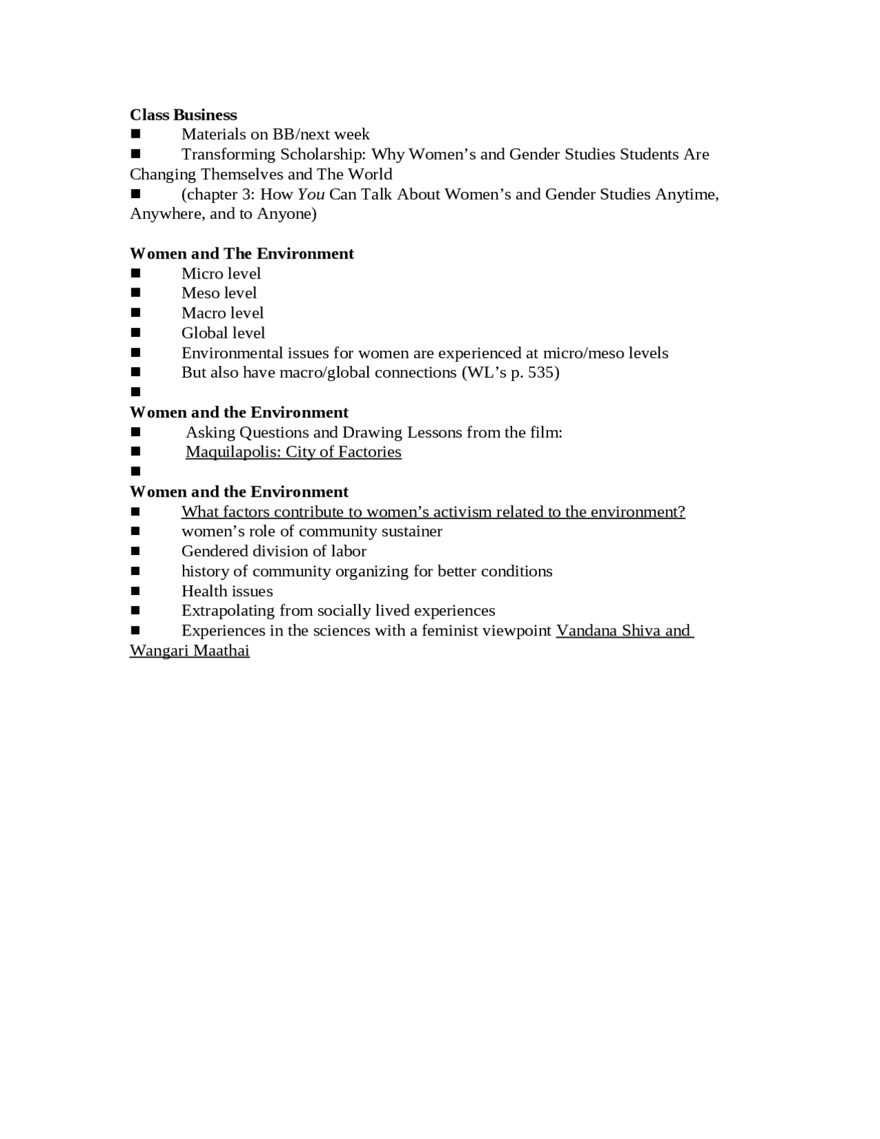 Women and the Environment - Notes | WMST 101 - Docsity
